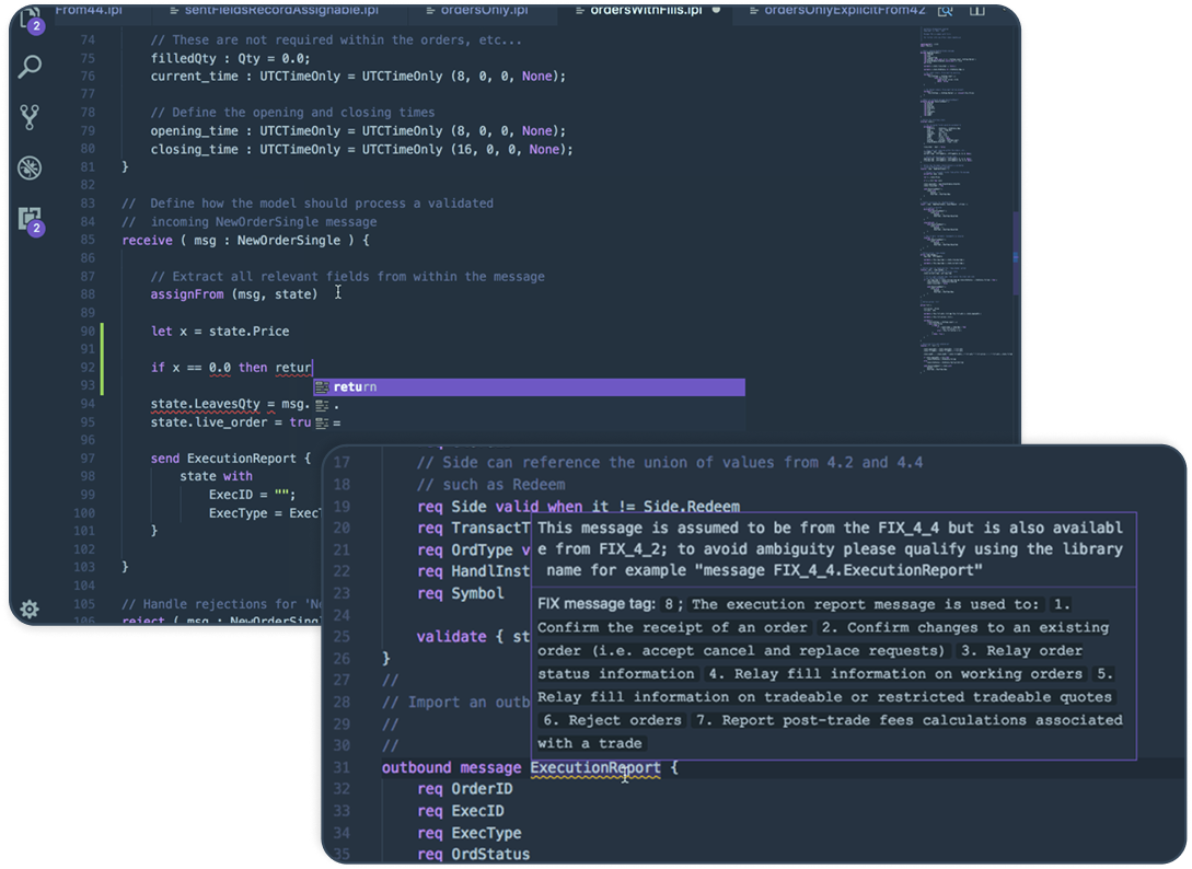 IPL source code in VS Code with a hover tooltip showing FIX field documentation